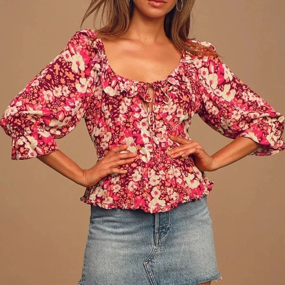Free People Top XS Sweet Memories NEW Floral Ruffle Cottagecore Puff Sleeves $88